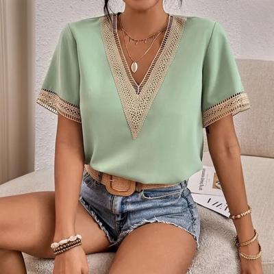 Women's Summer Blouse Fashion Lace Crochet Short Sleeve V Neck Loose Fit V Neck Shirt Circle Print Color Block Shirt Top