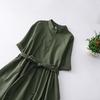 2025 summer new solid color cotton and linen dress women's loose retro lace-up waist Polo collar five-quarter sleeve long dress