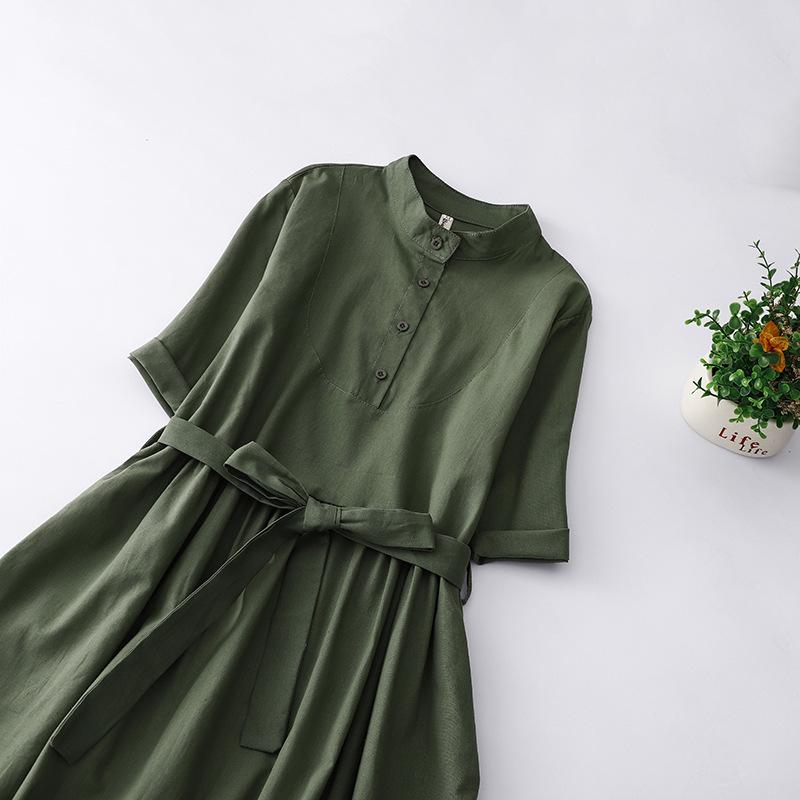 2025 summer new solid color cotton and linen dress women's loose retro lace-up waist Polo collar five-quarter sleeve long dress