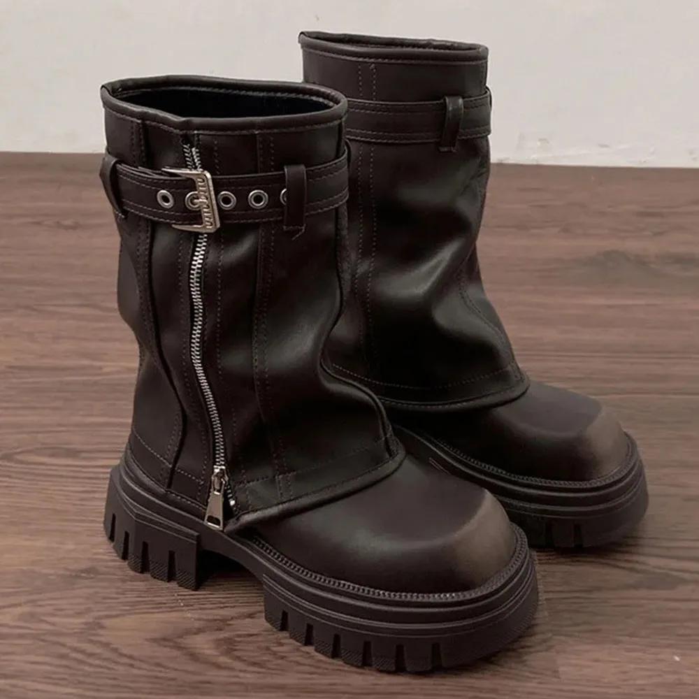 Fashion Brand Desinger Knight Women Mid Calf Boots Chunky High Heeled Platform Punk Motorcycle Long Booties Goth Street Shoes For Women