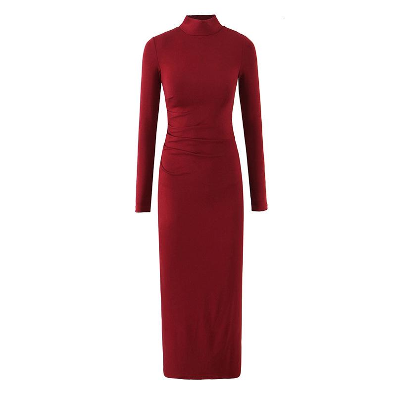 Elegant Women's High-Neck Pleated Long-Sleeve Dress: Autumn/Winter Inner Layer, Retro Yujie Style, Waist-Cinched, Hip-Hugging Long Skirt.