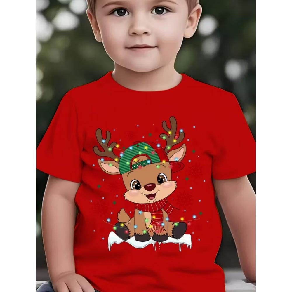 Christmas Children's T-Shirt Cartoon Deer Print Girl Clothes Cute Cartoon Pullover Tees Boy Top Casual Loose Children's Clothing