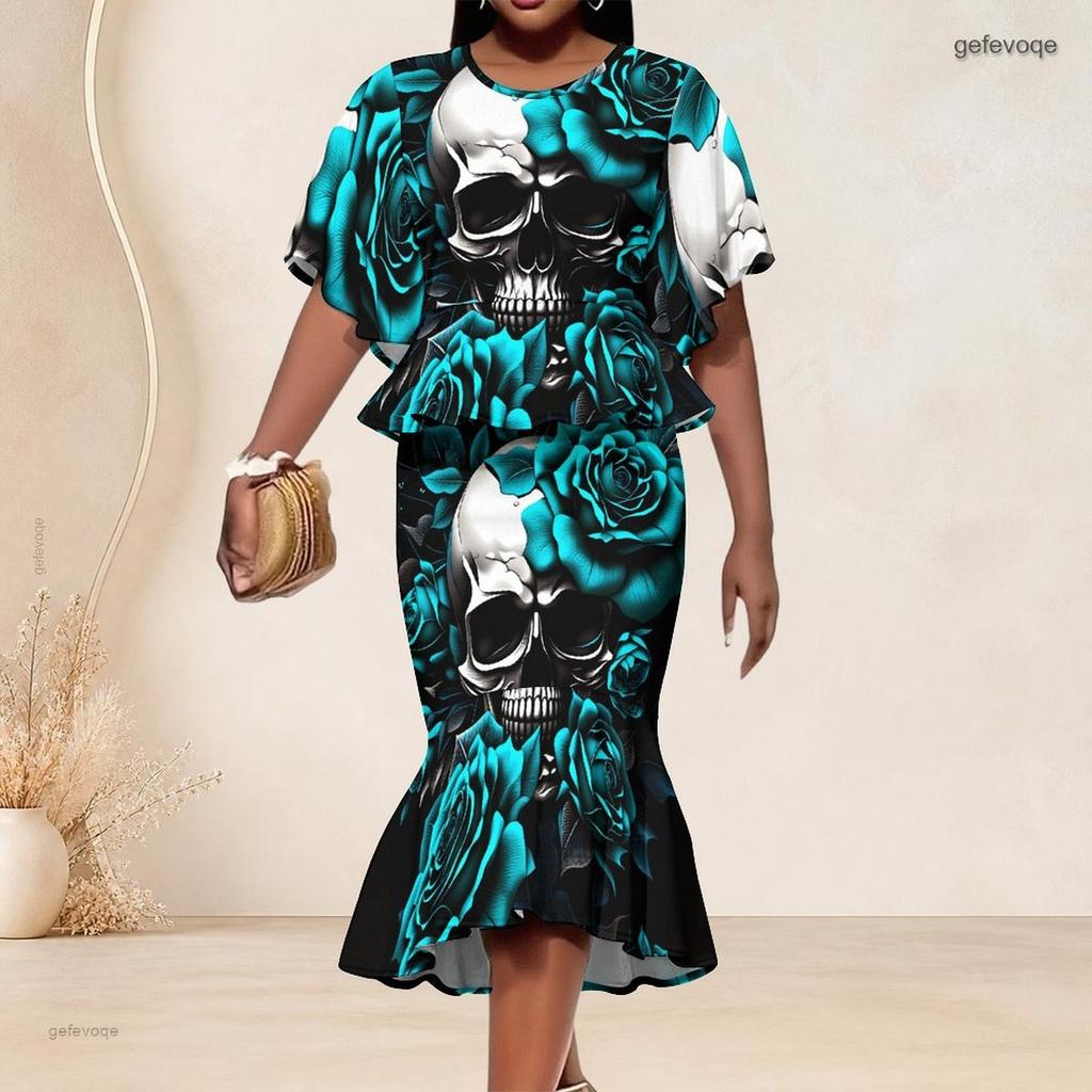 Women Plus Size Two Piece Set Round Neck Batwing Sleeve Ruffle Hem Top Fishtail Skirt Skull Rose Printed Black Teal