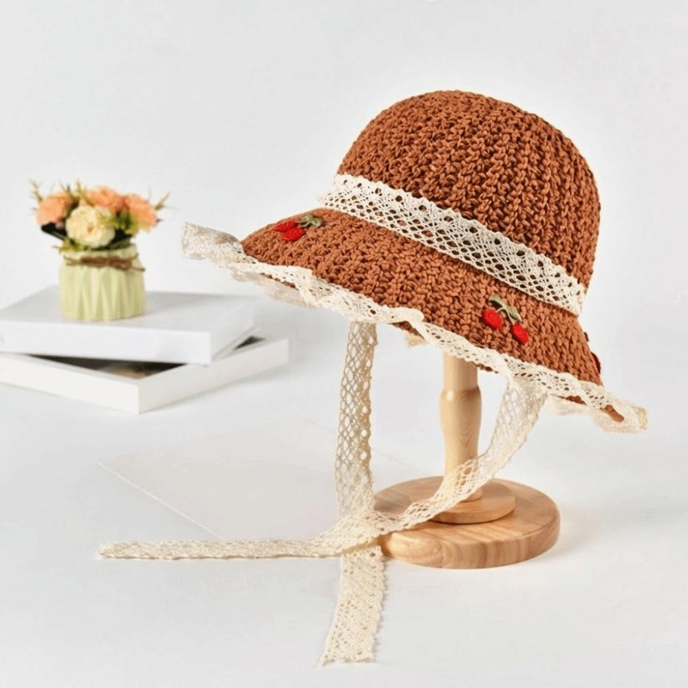 Cappello da Pescatore in Paglia Ricamato con Ciliegie Cappello a Secchiello Intrecciato all'Uncinetto Cappello da Sole Unico per Donna