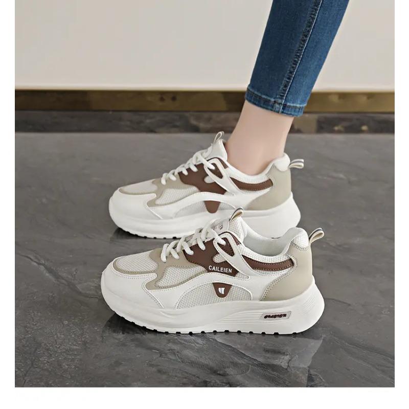 Women's Pink White Chunky Sneakers Breathable Mesh Lace-up Platform Casual Walking Shoes