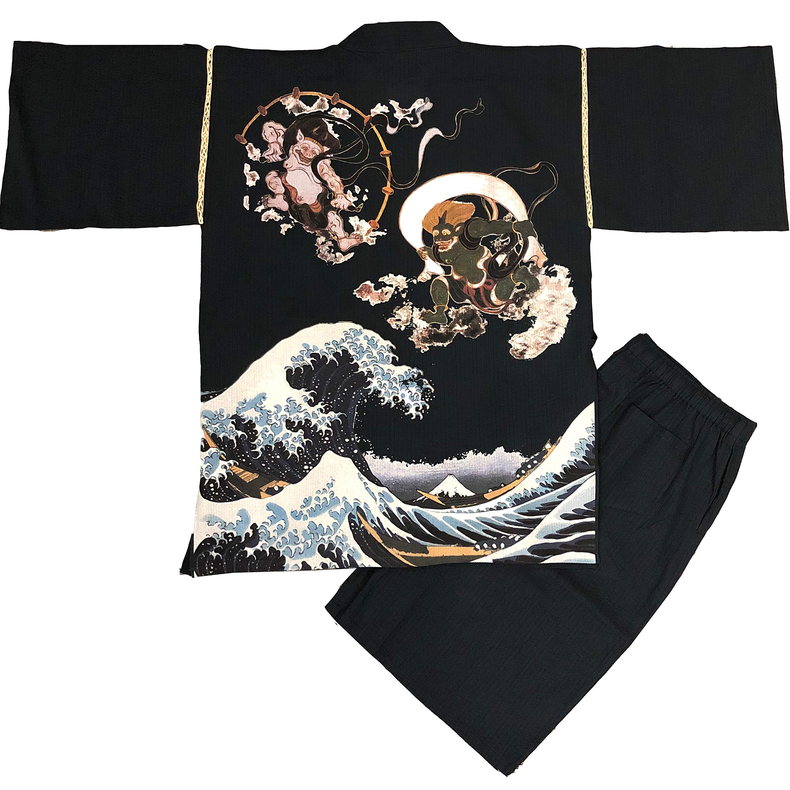

Jinbei Shijira Weave Cool Summer Cotton Print Original Pattern Wind God Raijin Wave Color Navy LL [Edo Ten] 100% мужская
