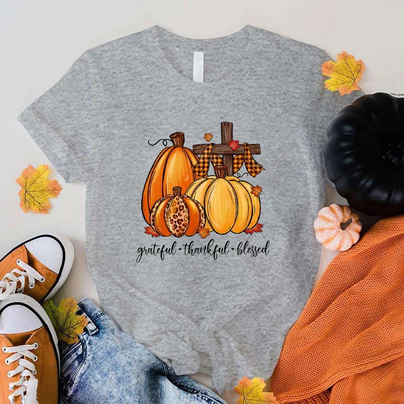 New Unisex Fashion O Neck Tops Fall Pumpkin Grateful Thankful Blessed Printing Shirt Short Sleeve T Shirt Casual Shirt Summer T
