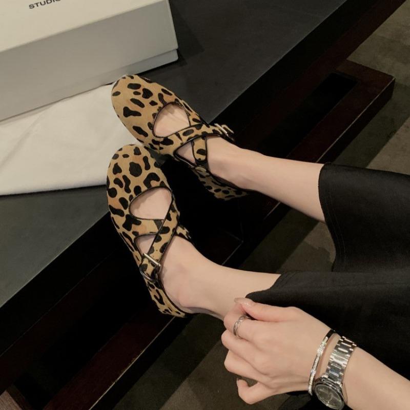 Sheepskin version leopard print shoes round head cross belt retro flat Mary Jane shoes women's shallow mouth versatile single shoes