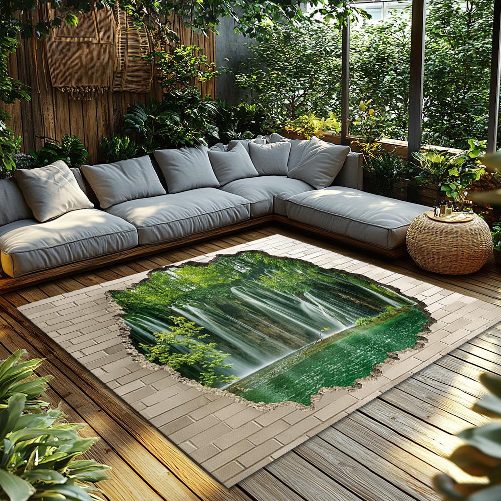 Forest Waterfall Landscape Rug, Green Nature Themed Carpet for Living Room, Plush Non-Slip Sofa Mat with Stone Border Design