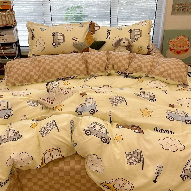 Candy House Cute Girl Heart Washed Cotton Four-piece Dormitory Single Quilt Set Three-piece Sheet Set