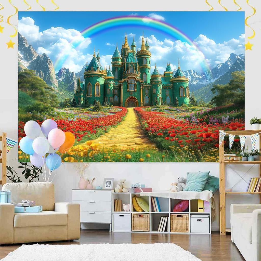 Smaragd Schloss Kulisse Grünes Schloss Frühlingsfee Schloss Regenbogen Hintergrund Party Dekorationen Porträt Foto Booth Requisiten Banner