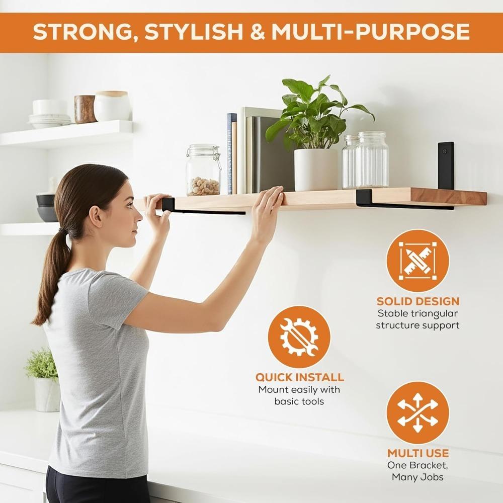 4PCS Heavy Duty Black Steel L Brackets, Hardware Included, Wall Shelf Mounting, Angle Iron for Furniture Reinforcement
