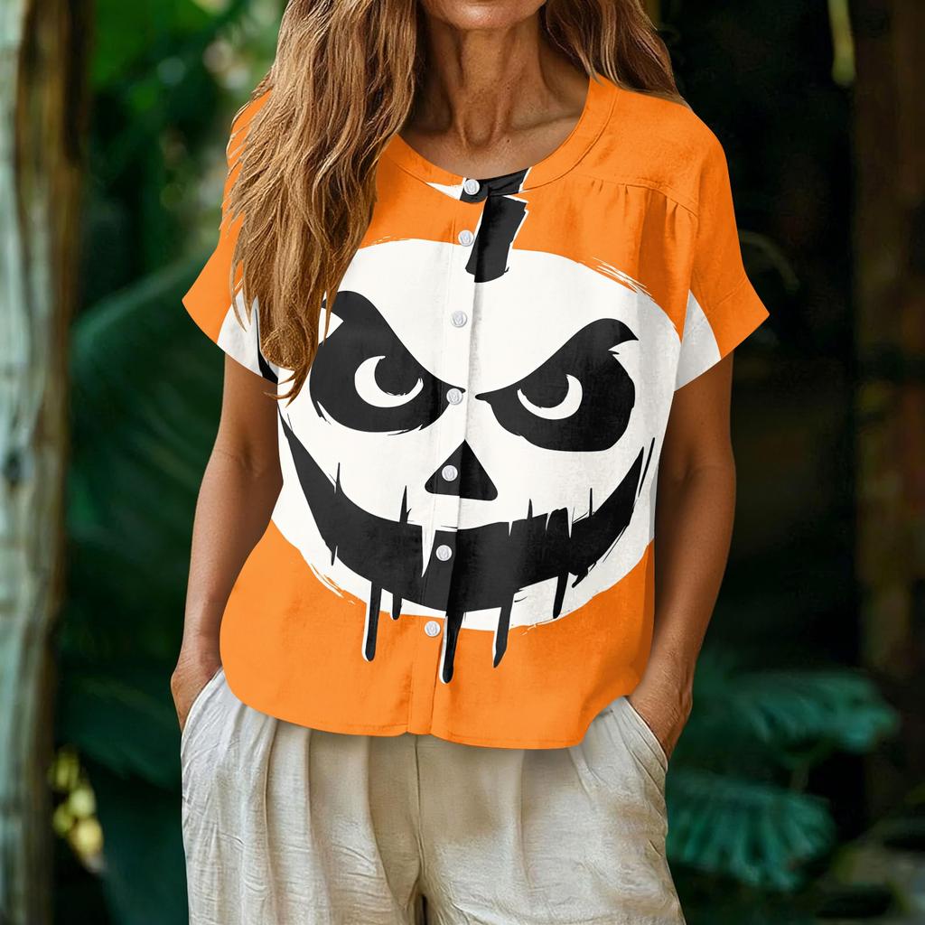 Women's Fashion Henley Neck Single Breasted Shirt Halloween Themed Print Short Sleeve Casual Top for Daily Wear
