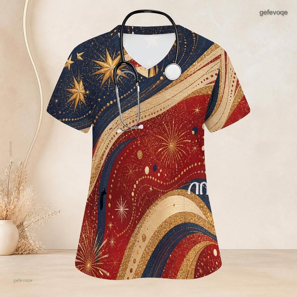 Women Plus Size Printed Nurse Scrub Top V Neck Short Sleeve White Red Navy Blue With Front Pockets