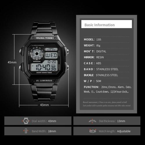 USWATCH Fashion Sports Stainless Steel LED Digital Alarm Chronograph Waterproof Multifunction Men's Quartz Watch, Silver, Chronograph, Digital, Quartz