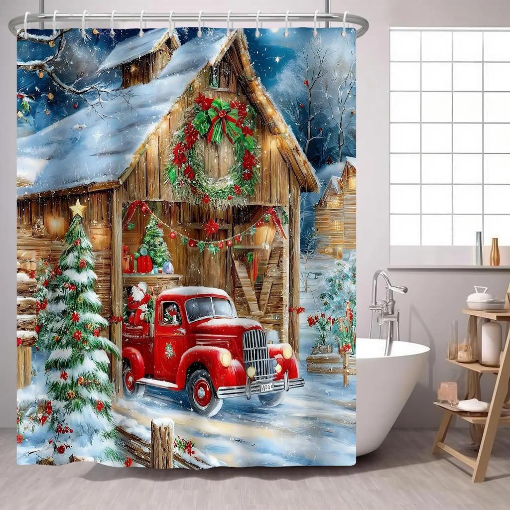 Pine Tree Red Bird Shower Curtain Green Winter Forest Cardinal Snow Berry Christmas Theme,Country Holiday Fabric Shower Curtai