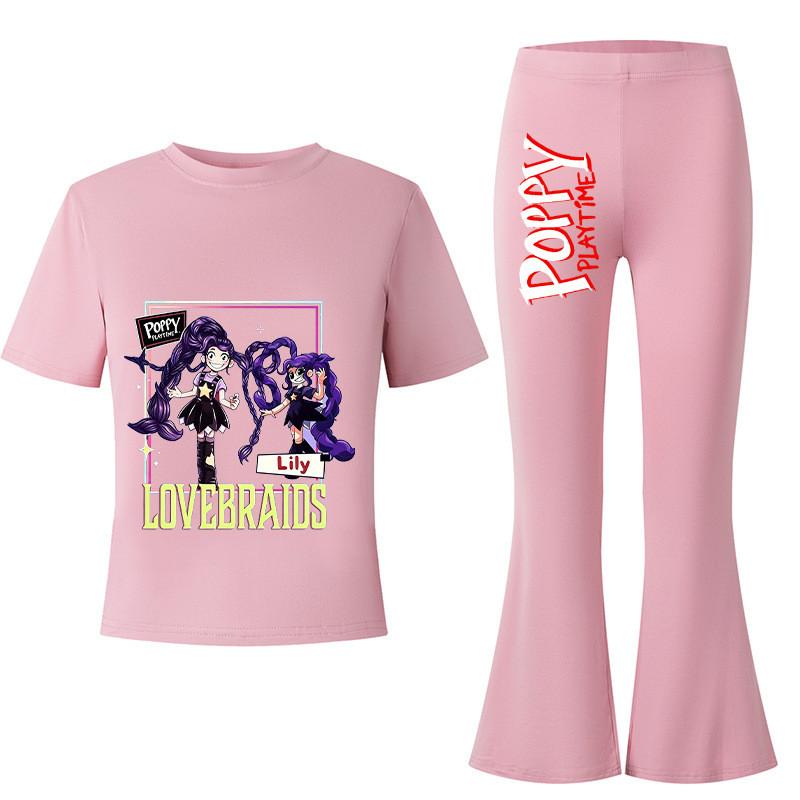 2pcs Kids Girls Lily Lovebraids Printed Casual Short Sleeves T-shirt Top Flared Trumpet Trousers Top Pants Sets