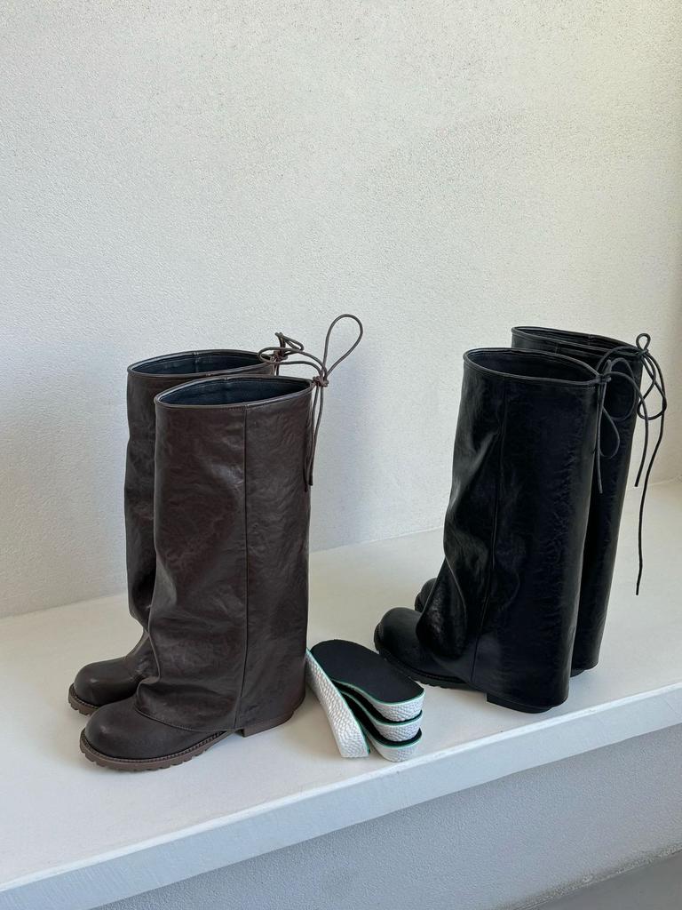 European and American Trouser Boots Women's 2025 Autumn and Winter New Maillard Retro Pleated Knight Boots Stacked Boots