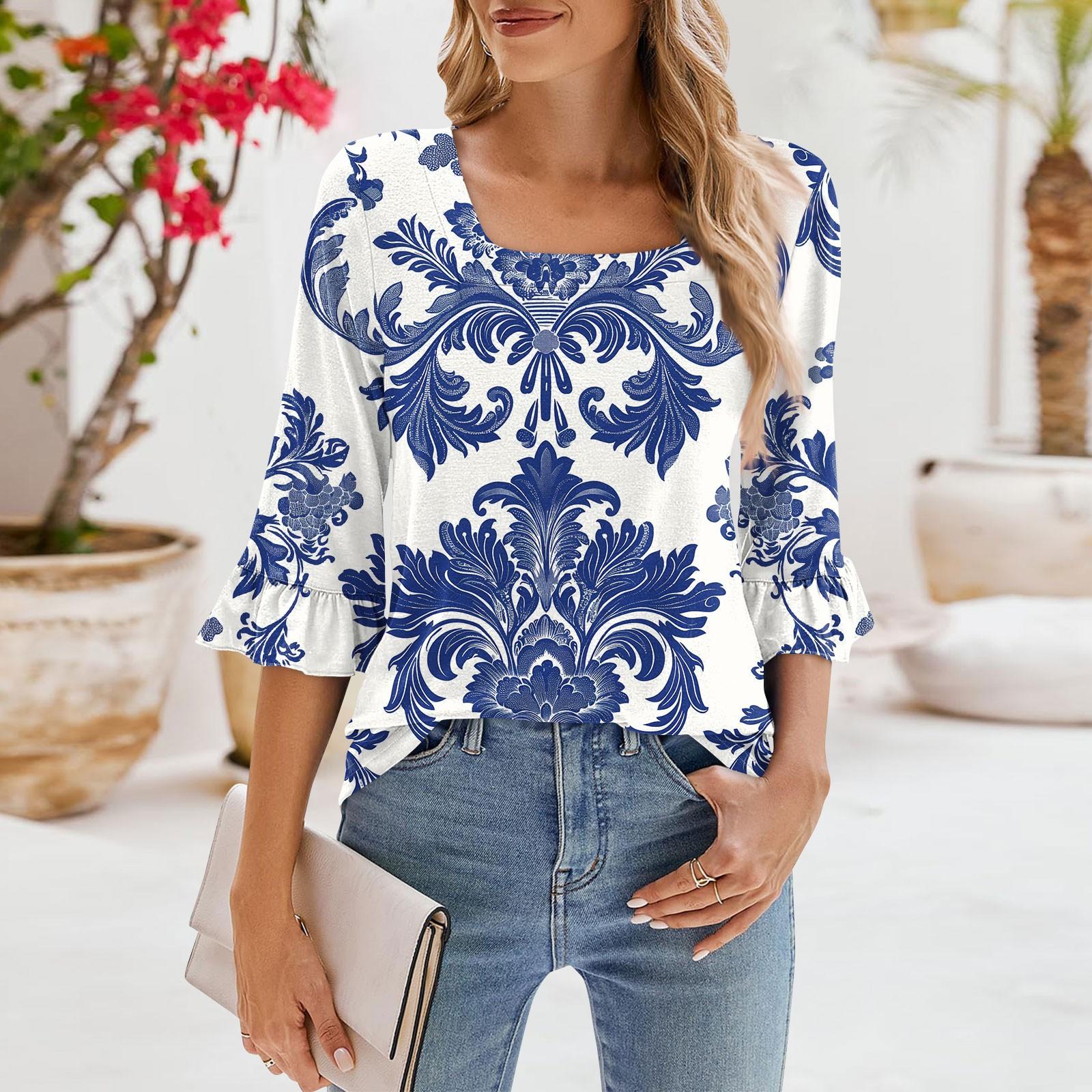 

Женская классическая рубашка с принтом в стиле ретро с рукавами четверти и квадратным вырезом, свободный повседневный топ S