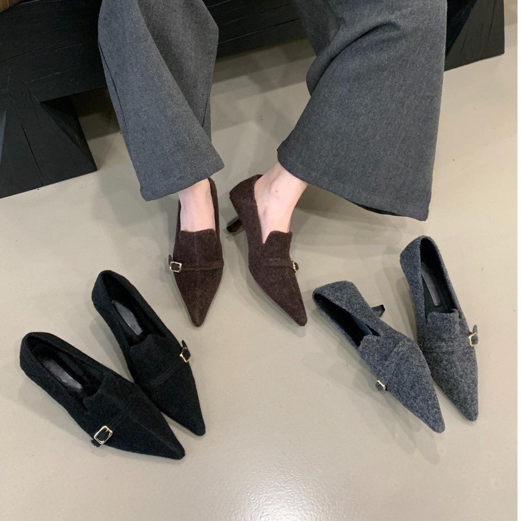 2026 early spring pointed-toed stiletto high-heeled warm plush one-pedal commuter high-heeled shoes