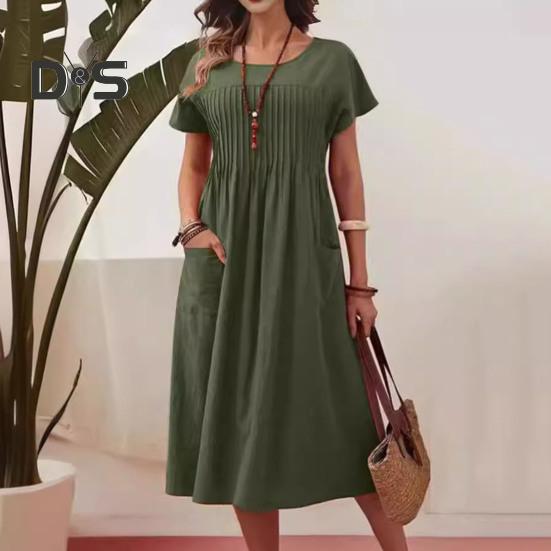 Women's Casual Dress Round Neck Short Sleeve Maxi Dress with Pocket Loose Fit Summer Dress for Office Daily Beach Party