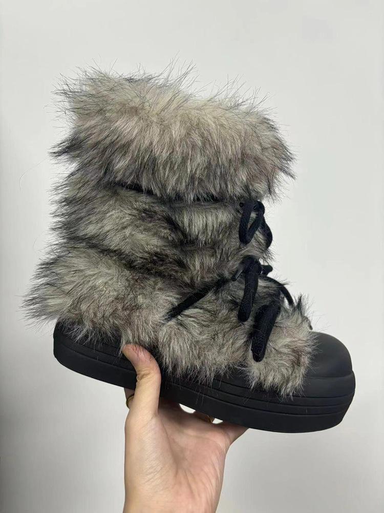 [Merkelig estetikk] Snøstøvler med tykksåle i burstskinn og pels for kvinner, nye sko i fløyel og tykk bomull for høst og vinter