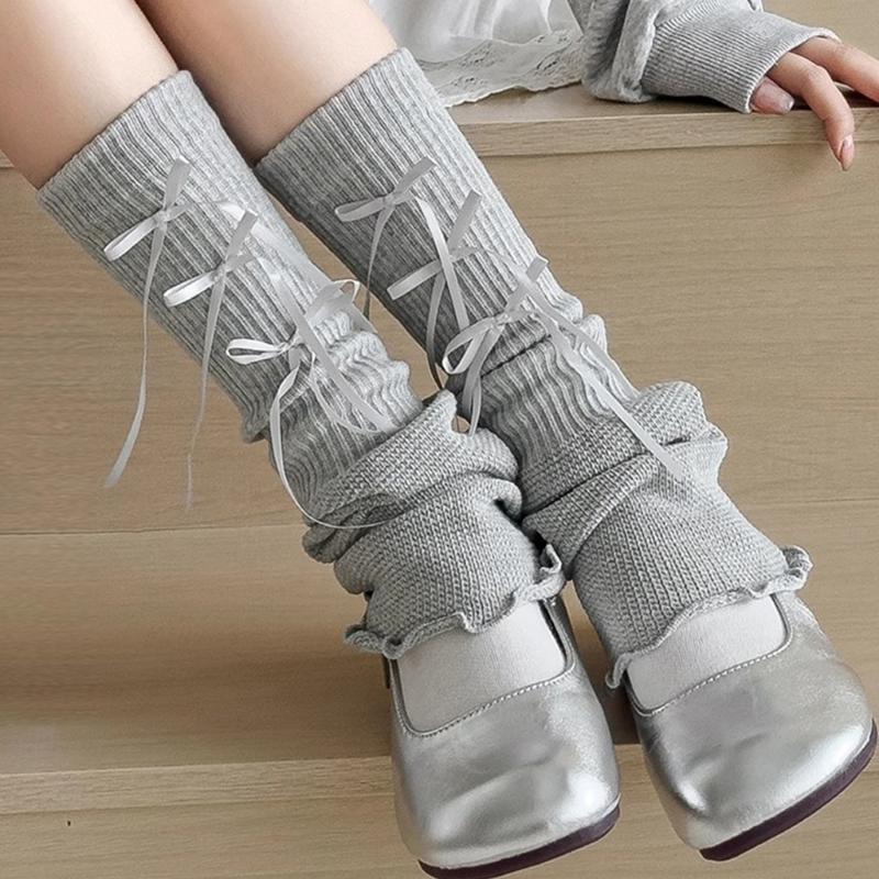 Middle Length Cotton Leg Warmers Decorative Bows Detail Leg Sleeve Socks For Winter Sports And Indoor Comfort