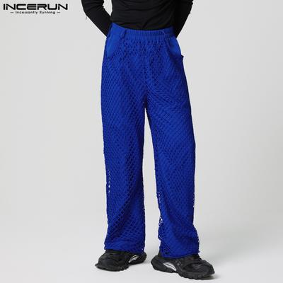 Men Elastic Waist Hollow Out Fishnet Patchwork Casual Straight Pants Trousers