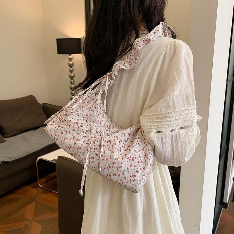 New niche broken flower canvas bag women's drawstring shoulder bag sweet versatile messenger bag underarm women's bag