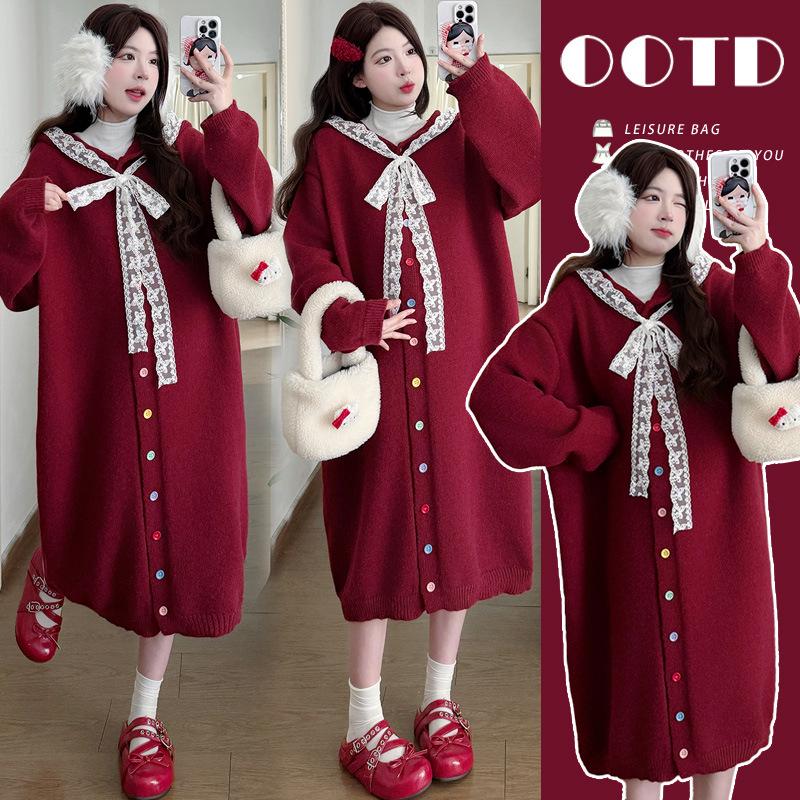 2025 Winter Maternity Korean-Style Lace Patchwork Sweater: Thick, Warm, and Loose 2XL