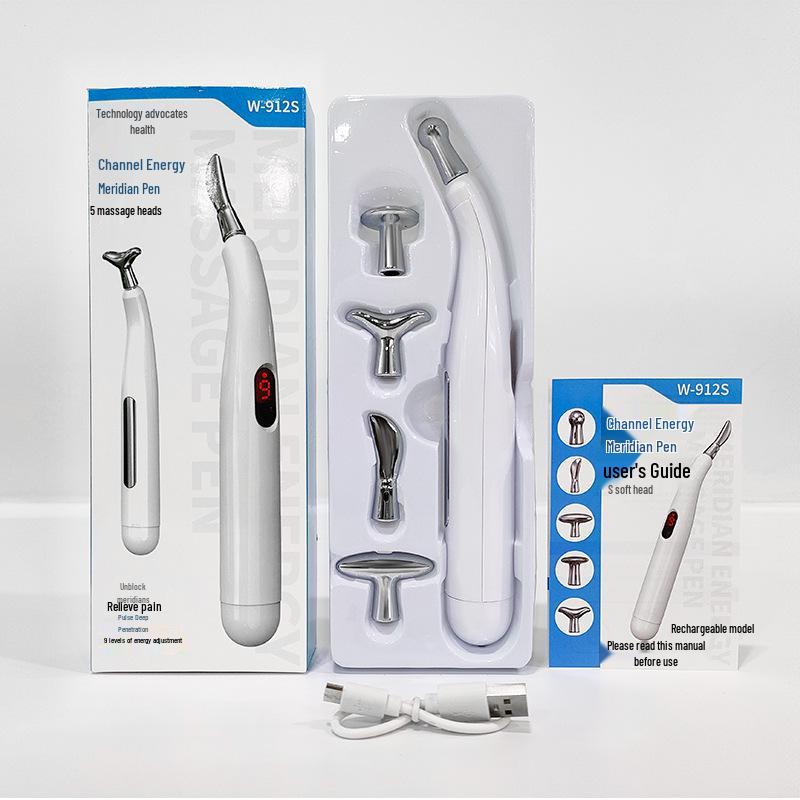 Meridian Pulse Acupressure Pen: 5-Head, 9-Level Intensity Acupuncture Massager with Red Light