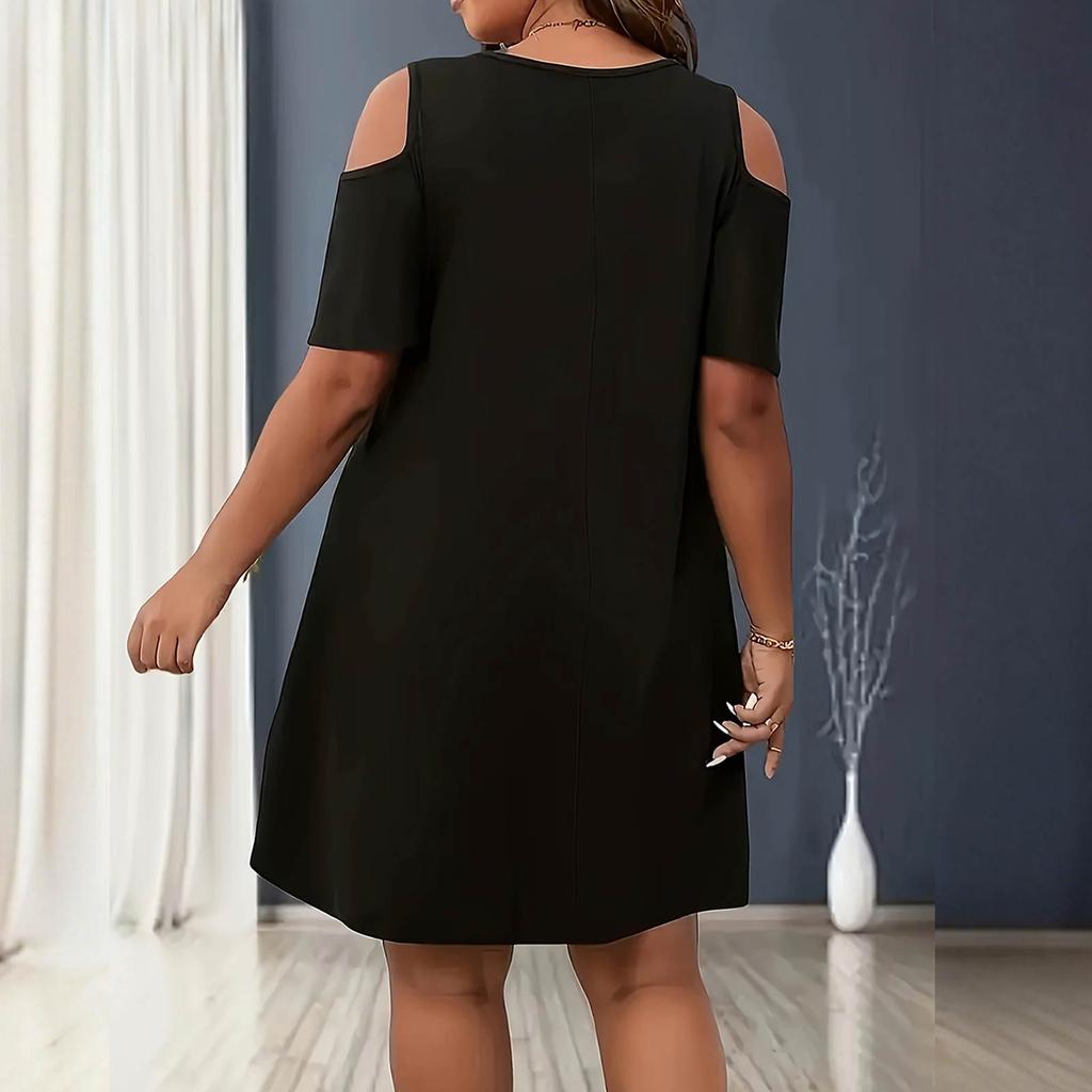 Casual, losvallende jurk met ronde hals, korte mouwen en blote schouders voor dames in grote maten