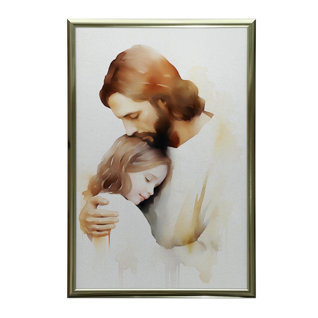 Embraces of Hope - Jesus Hugging a Girl Embraces of Hope - Jesus Hugging a Girl, 30X40 Cm, Black Aluminum Frame, 230 Matte Paper