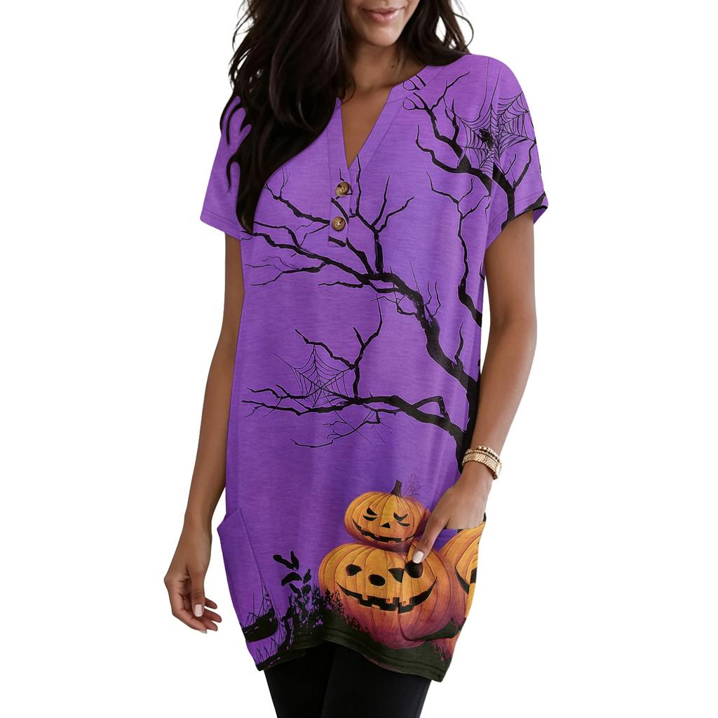 Women's V Neck Halloween Print Short Sleeve Pullover Dress with Pocket Casual Loose Fit Tunic Dress for Daily Wear