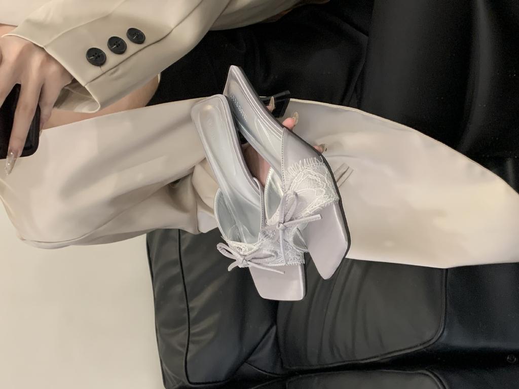 French Niche Bag Head Sandals Gentle Bow Pointed High Heels Lace Pure Desire Satin Stiletto Empty Shoes