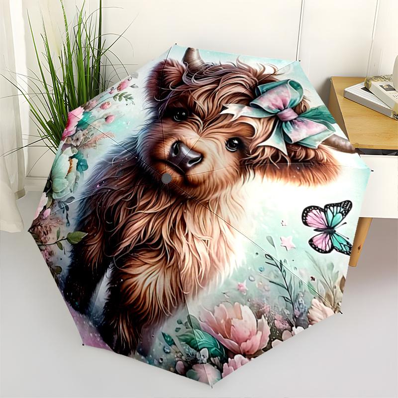 

1pc Enchanted Highland Calf Automatic 3-Fold Practical Umbrella Design, Cute Cartoon Pattern, Portable Outdoor Umbrella, Perfect, Holiday Gift for Dis