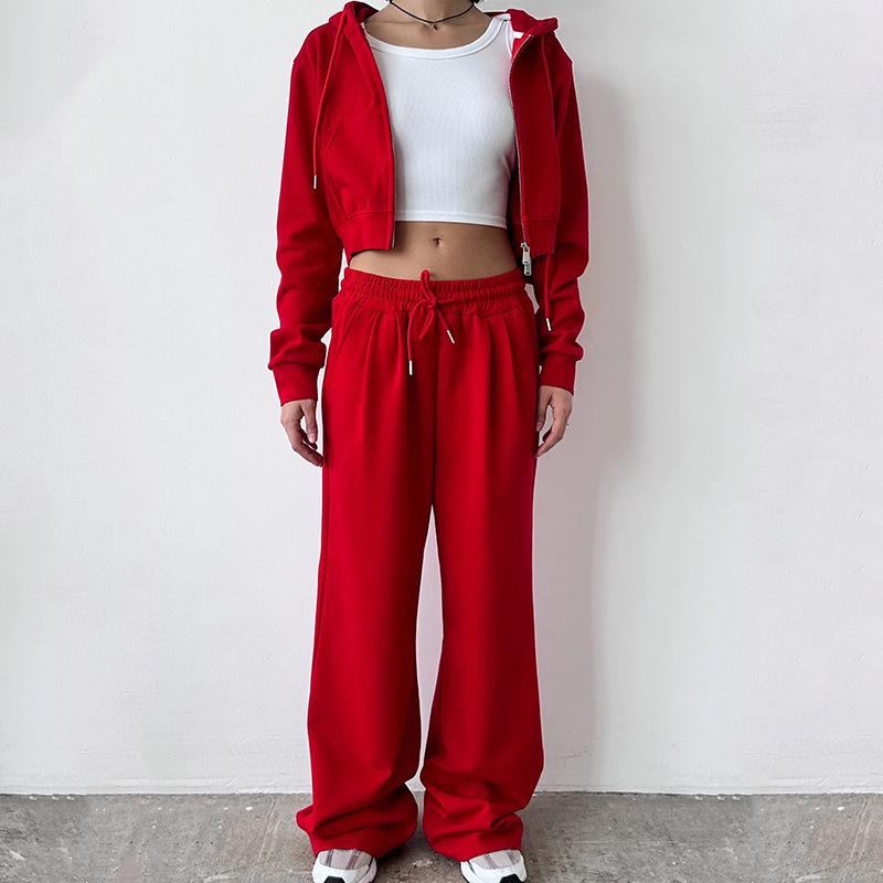 2025 Autumn Women's Casual Solid Color Zip-Up Hoodie & Drawstring Sweatpants Set