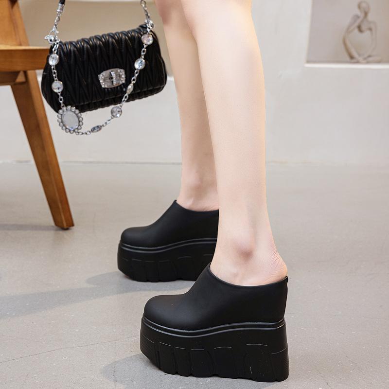 

Модные 14 см Летние женские туфли Слипоны Натуральная кожа Модные женские тапочки на танкетке Платформа Танкетка Сандалии Сандалии 39 чёрный