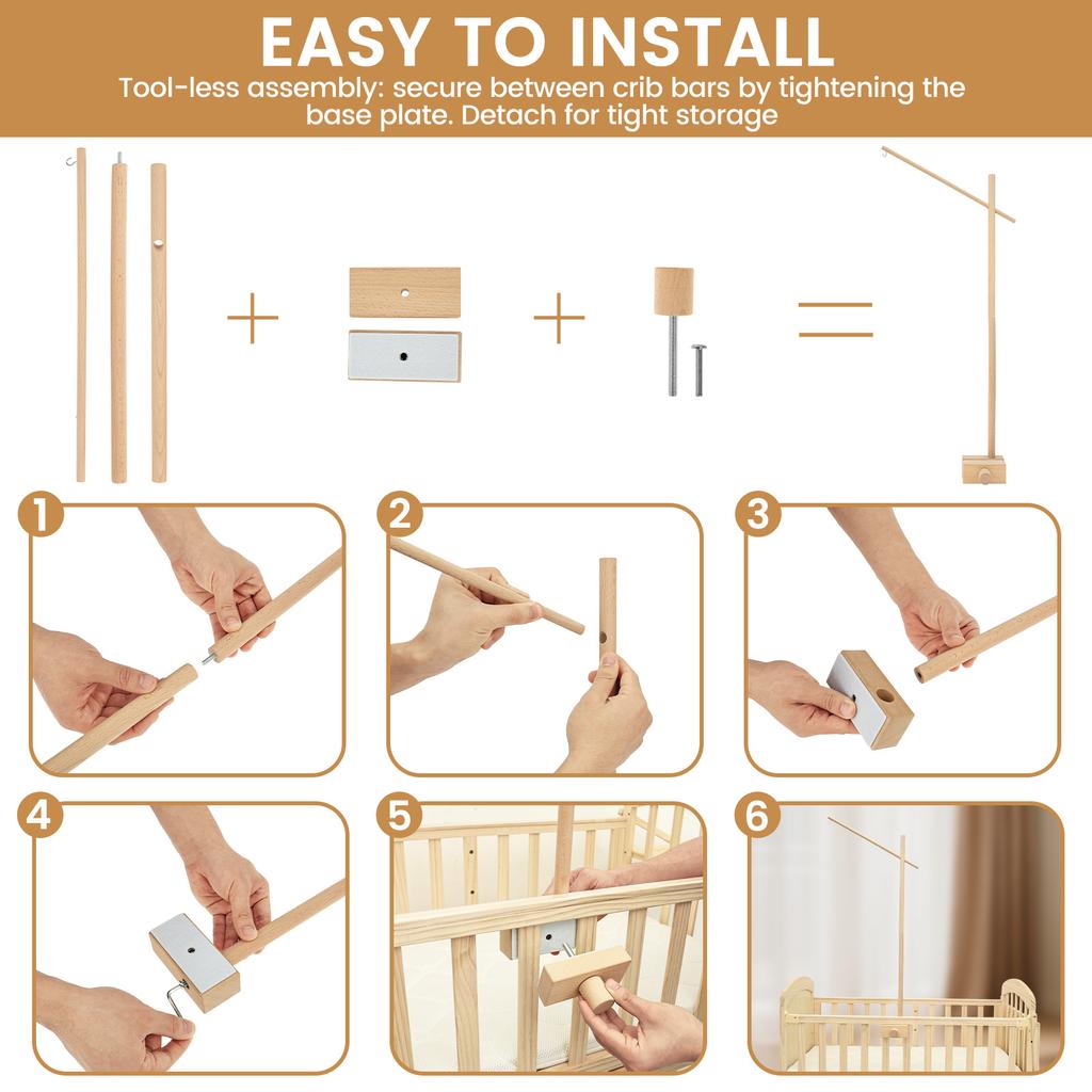 Baby Wooden Bedbell Bracket Wooden Cot Mobile Arm Unisex Crib Mobile Holder Easy Assembly Crib Mobile Arm for Cradle Stroller