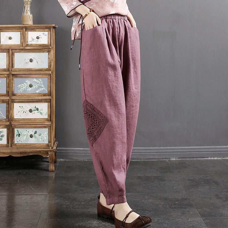 Women's Summer Cotton and Linen Nine-minute Trousers High-waisted Loose Slightly Elastic Leisure Trousers