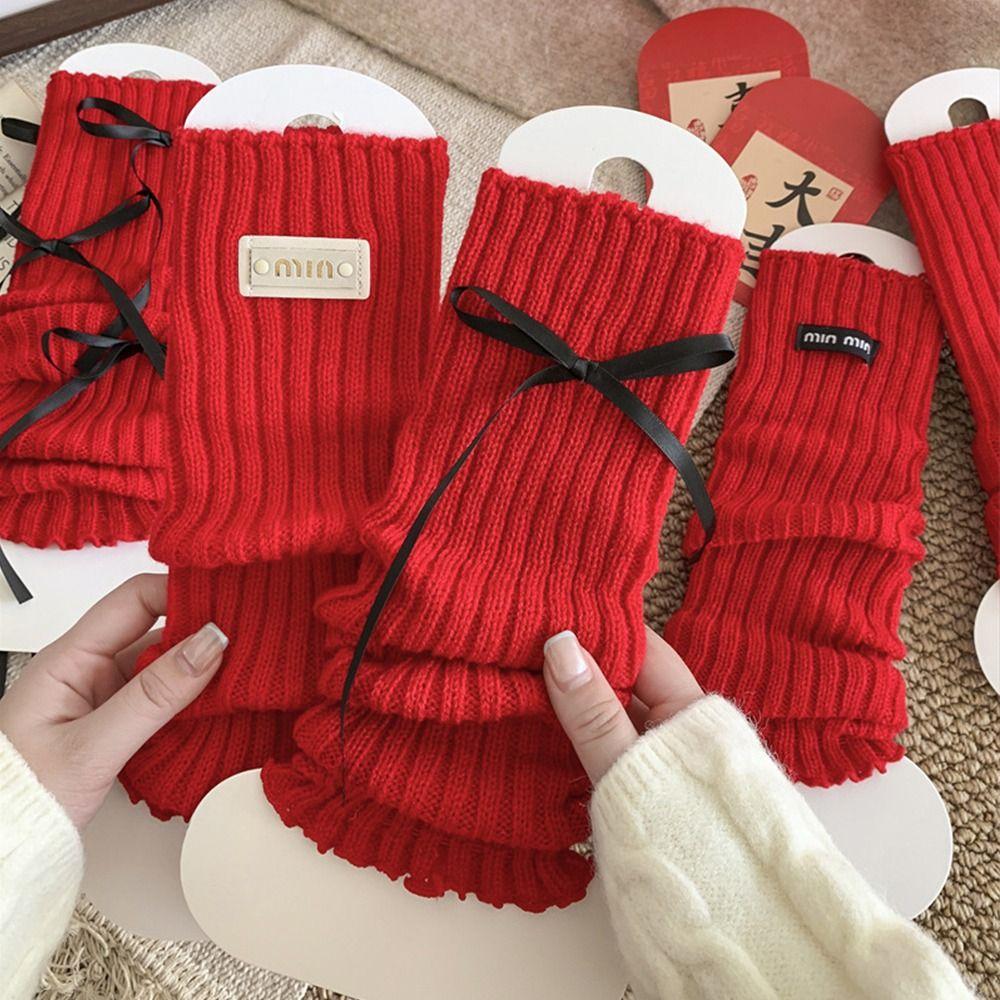 Japanese Christmas Knee Socks Y2k Bow Knitted Leg Socks Sweet New Year Red Socks  For Girl
