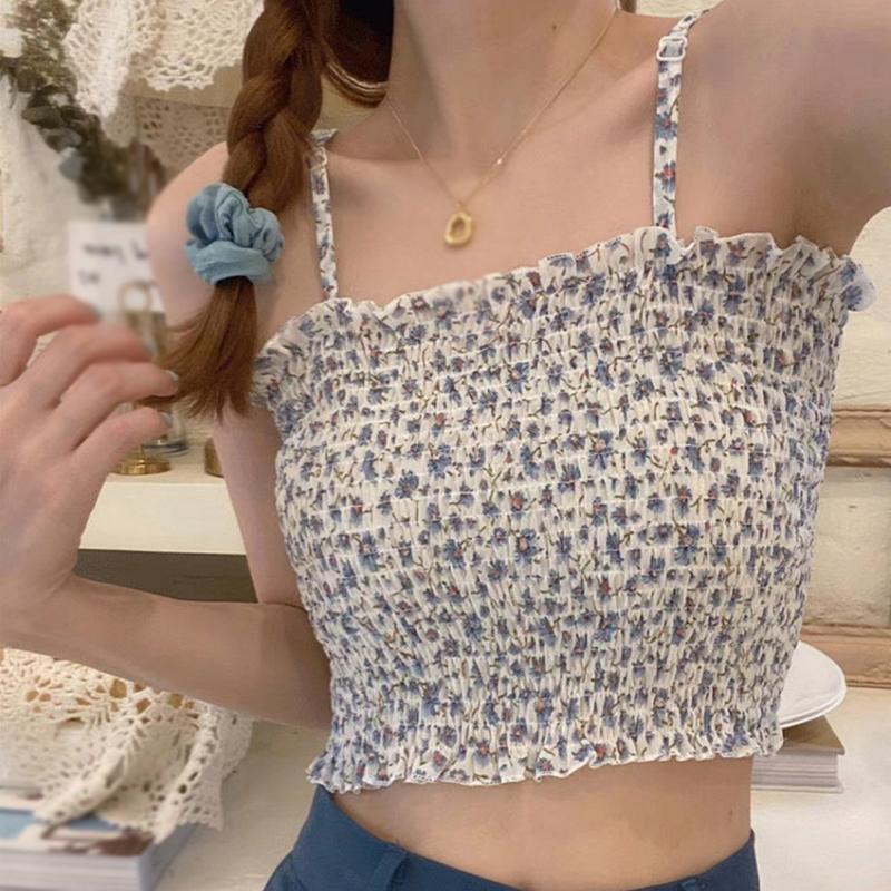 Dámský crop top tílko květinové plisované vestička s vycpávkou na prsa