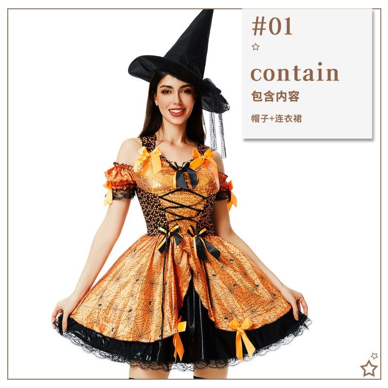 Witch Costume Women Halloween Cosplay Dress Set Sexy Gothic Party Outfit Pumpkin Theme Role Play