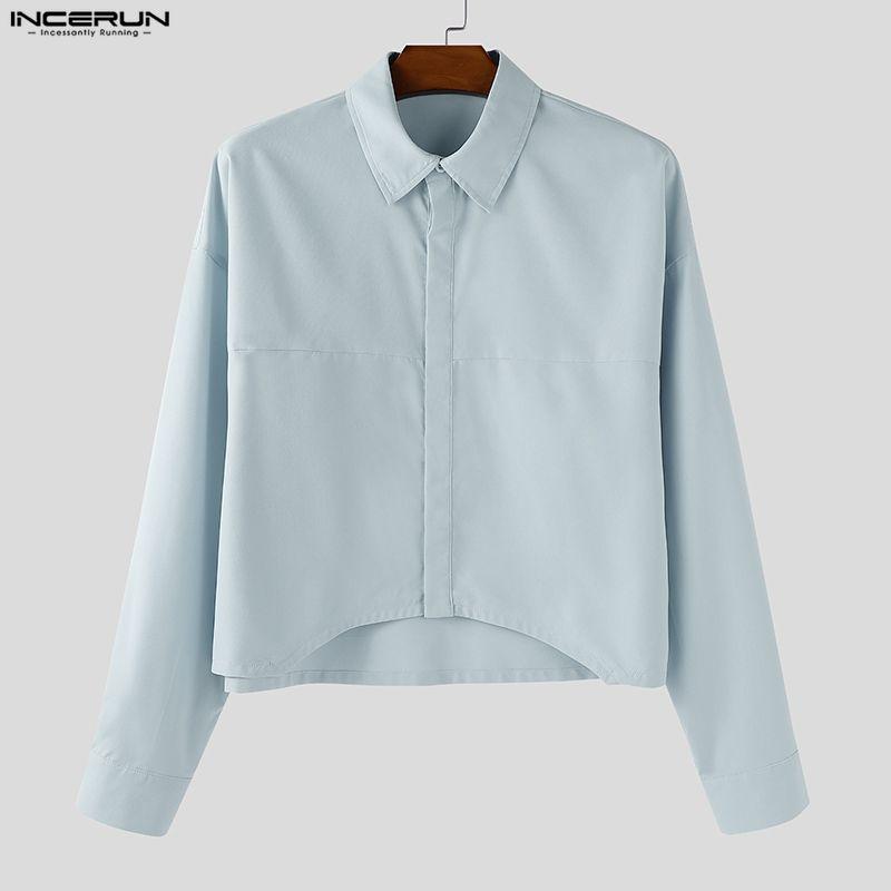 INCERUN Oversized Men Lapel Neck Long Sleeve Casual Loose Cropped Shirts