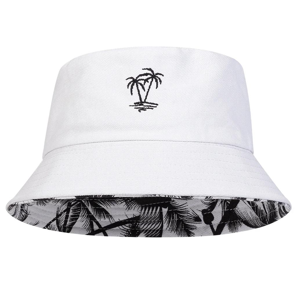Unisex Coconut Tree Embroidery Double Sided Wearing Bucket Hats Fishermen Caps Outdoor Casual Cap