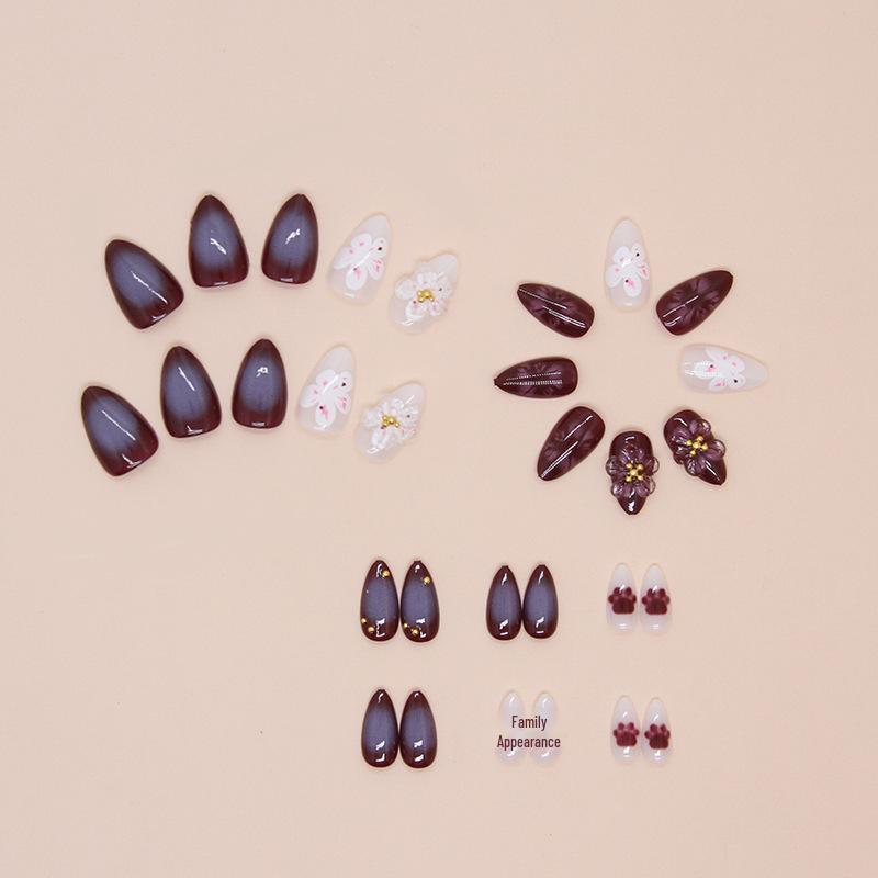 Söta Kattass- & Körsbärsblom 3D Nageldekorationsplåster - Mandelformade Bärbara & Avtagbara Nageltippar, Set om 30