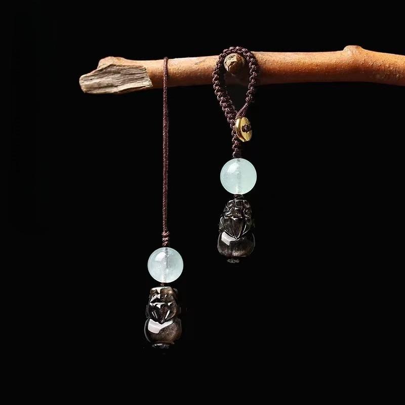 Silver Obsidian & Blue Chalcedony Pi Xiu Lanyard Keychain - Unisex Car & Phone Pendant