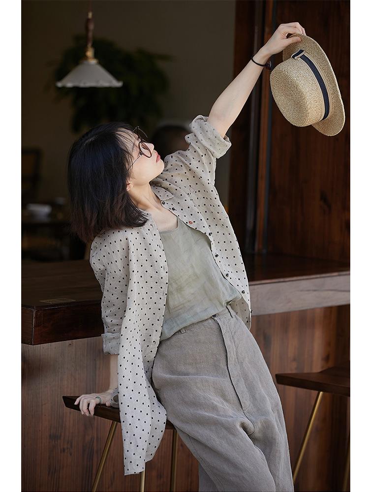 Retro Polka Dot Linen Women s Long Shirt - Summer Dew Lapel Style Medium
