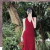 Red polka dot neck sling dress for women's summer travel, beautiful seaside vacation, beach long skirt for women