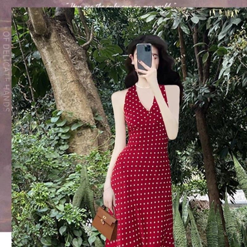 Red polka dot neck sling dress for women's summer travel, beautiful seaside vacation, beach long skirt for women